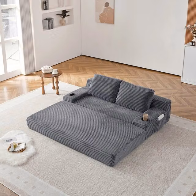 Divano letto 2 in 1 Minimal in tessuto a righe grigie con cuscini, portabibite e tasche portaoggetti integrati