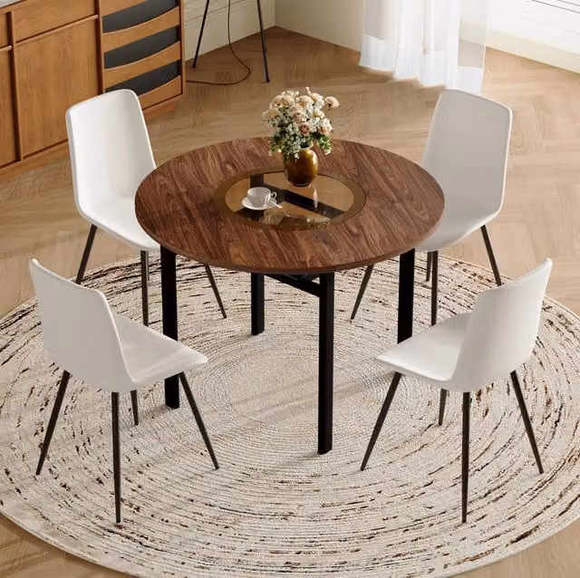 Set da pranzo moderno con tavolo rotondo 100 cm in MDF effetto legno e 4 sedie bianche in PU