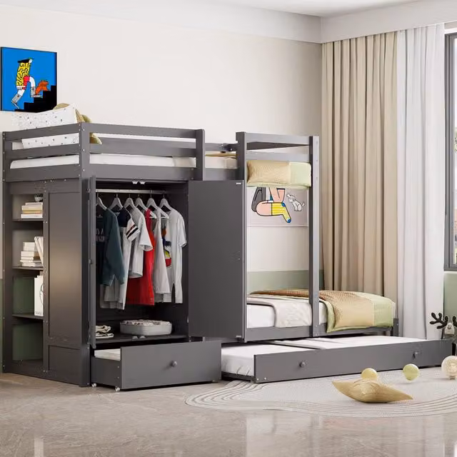 Letto a castello 90x200 cm con letto estraibile, armadio e cassetti grigio