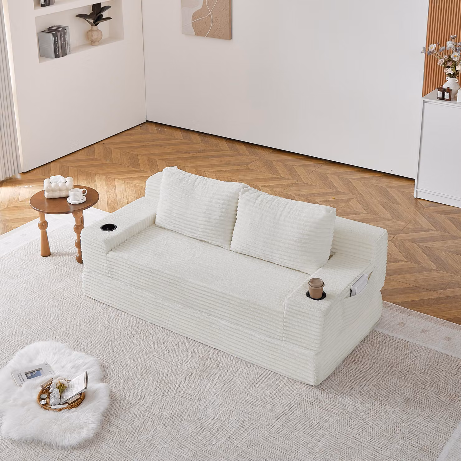 Divano-letto multifunzione 2-in-1, con 2 cuscini decorativi, portabicchieri integrati negli schienali e tasche laterali per riporre oggetti