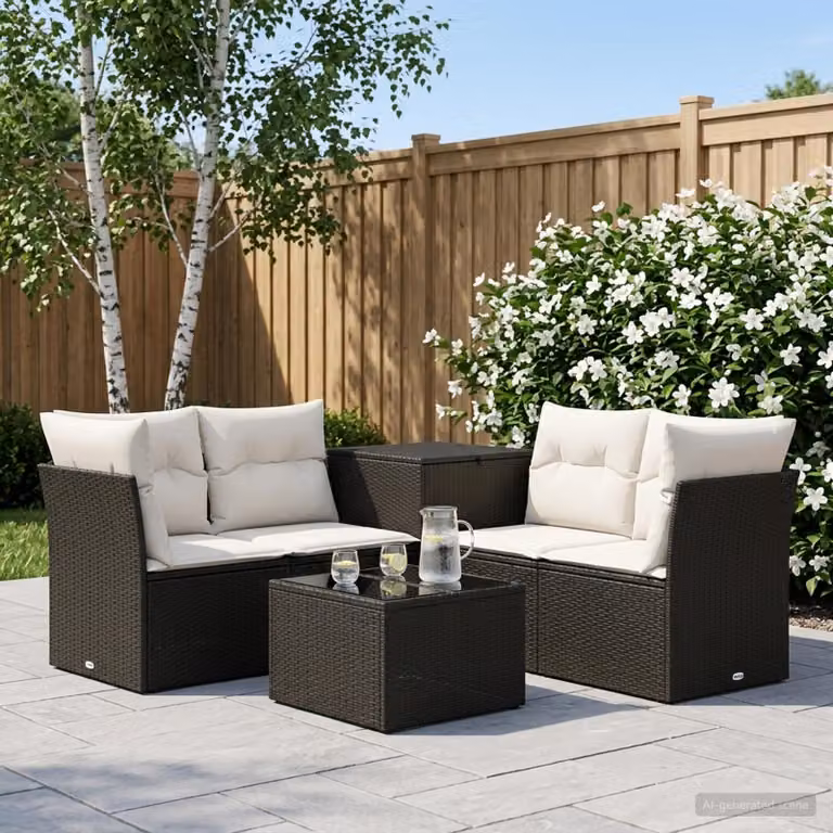 Set di divani da giardino vidaXL in polyrattan nero e bianco con cuscini e tavolino da esterno