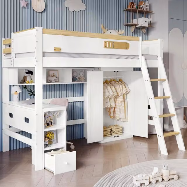 Letto a soppalco per bambini 90x200 cm con scrivania; armadio; scaffali e protezioni; pino; MDF e compensato; bianco e naturale
