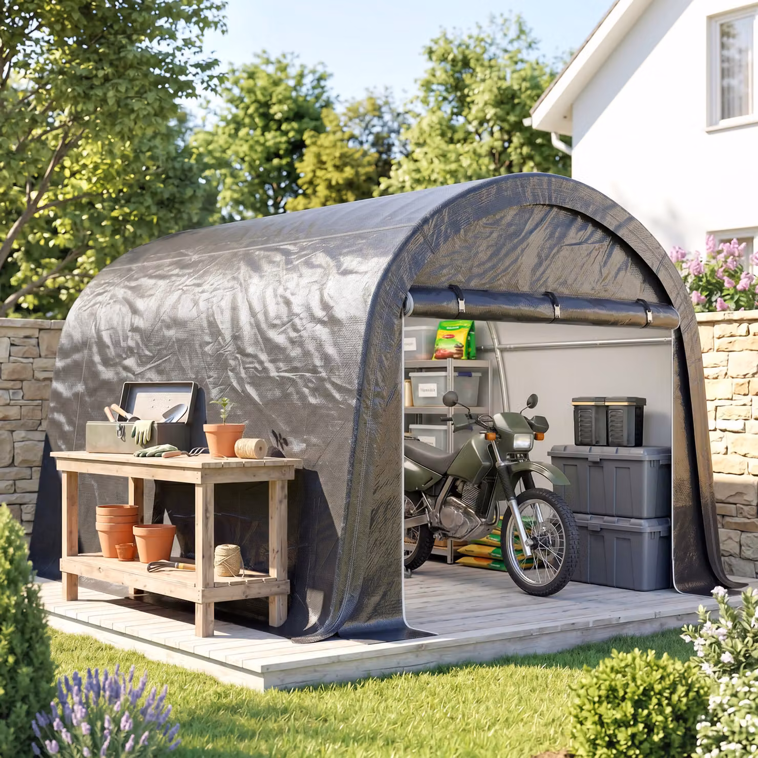 Outsunny Tendone da Giardino per Moto, Bici e Attrezzi con 2 Ingressi a Zip, in Acciaio e PE, L/P/H: 300 x 300 x 235 cm, Grigio – 2