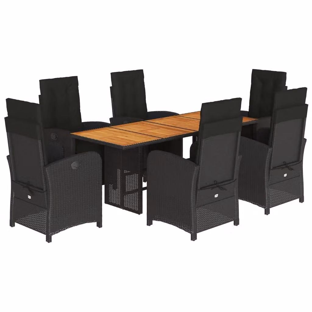 Set da pranzo da giardino vidaXL in polyrattan nero con cuscini e tavolo in legno di acacia, 7 pezzi – 2