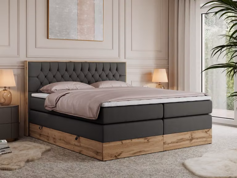 Letto continentale Boxspring AMORE KING con contenitore - 160x200 cm - Materasso H4 - Ecopelle grigia - Topper T25