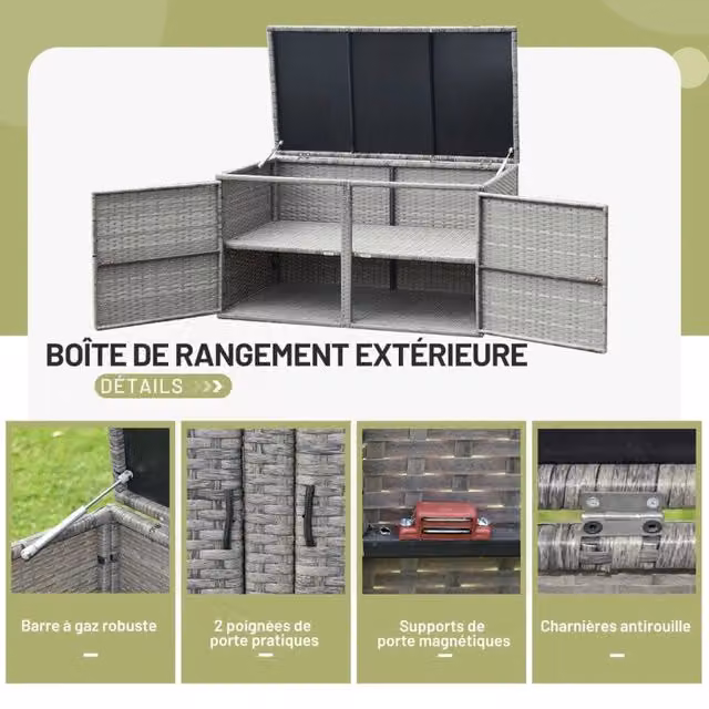 Baule Contenitore da Giardino 330L in Polyrattan PE Grigio a 2 Livelli con Coperchio e Ante Robusto per Terrazzo e Patio