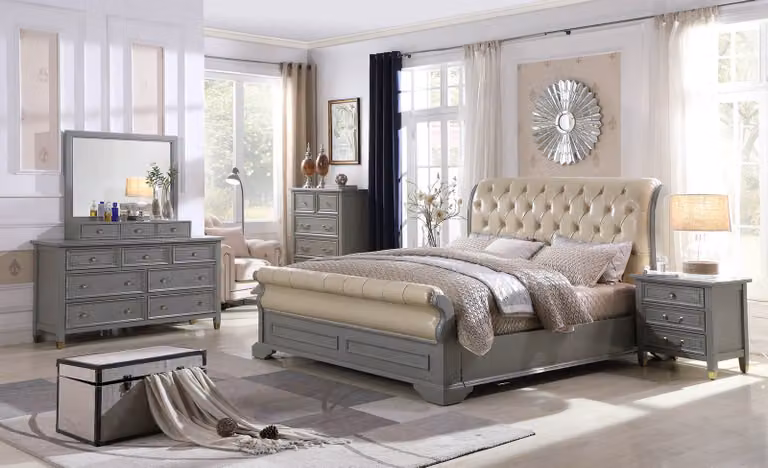 Bett Polster Design Luxus Holz Doppel Hotel Betten Ehe Schlaf Zimmer Leder Grau