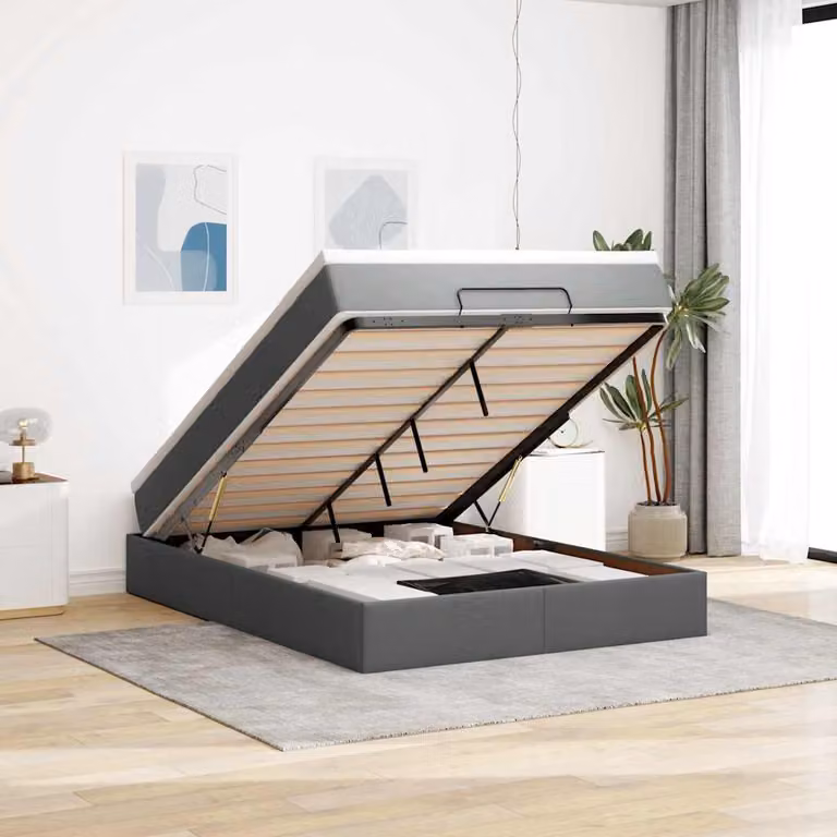 Struttura Letto con Contenitore a Sollevamento e Materasso vidaXL in Tessuto, L/P/H: 140 x 200 x 28 x 203 cm, Grigio e Bianco