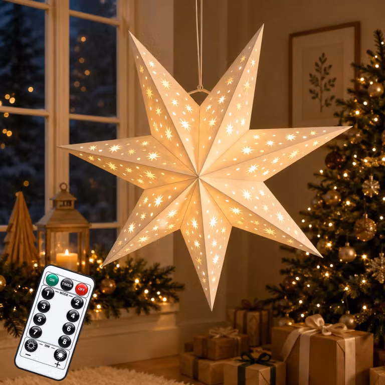 Stella di Natale, 45 cm, luce bianco caldo, con timer, alimentata a batteria