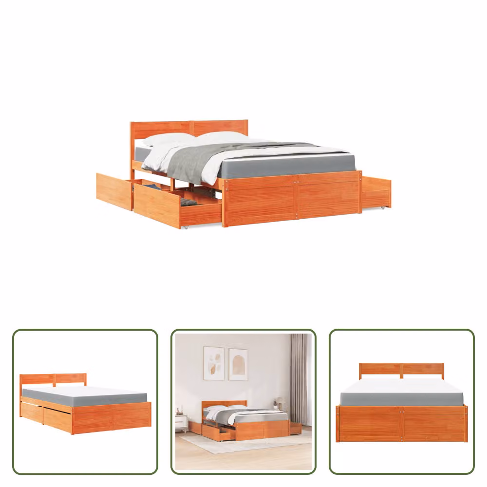 The Living Store Letto con cassetti e materasso marrone cera 120x190 in legno massiccio