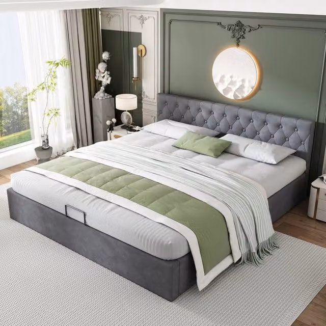 Letto imbottito in velluto con contenitore idraulico; per materasso 180x200 cm; grigio