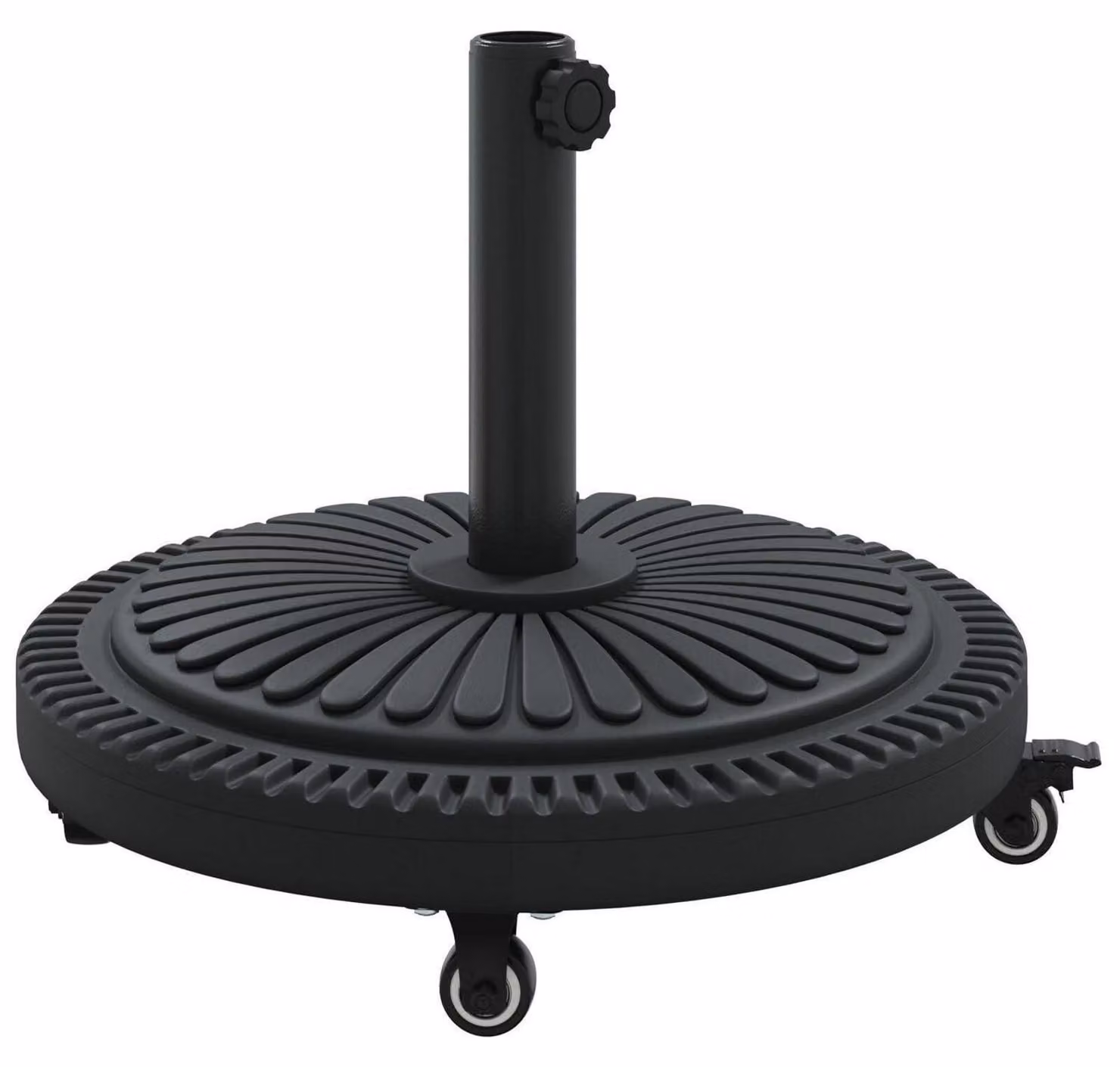 Supporto per ombrellone con rotelle, adatto per aste di diametro 38-48 mm, realizzato in metallo e con un peso di 13 kg