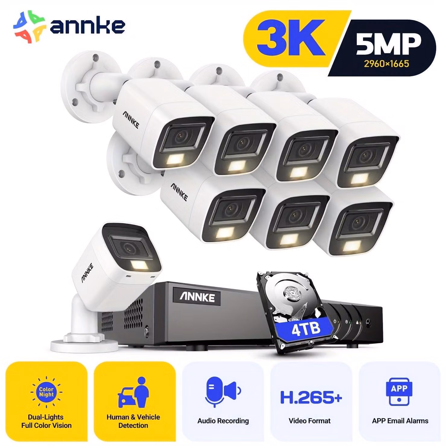 Kit di telecamere di sicurezza con risoluzione 3K, DVR a 16 canali, rilevamento tramite intelligenza artificiale e disco rigido da 4TB