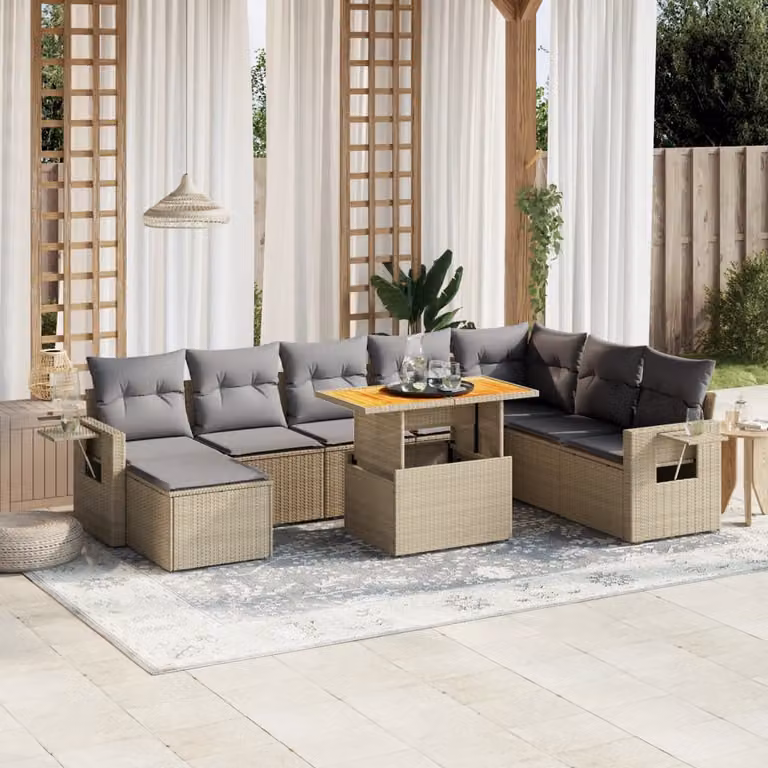 vidaXL Set Divano da Giardino 9 pz in Polyrattan con Cuscini Beige e Tavolino da Esterno