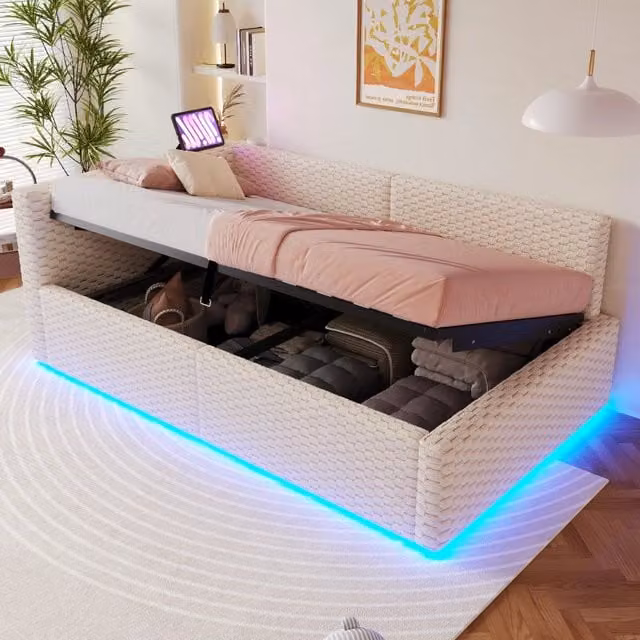 Letto con testata illuminata a led in velluto beige 90x200 cm