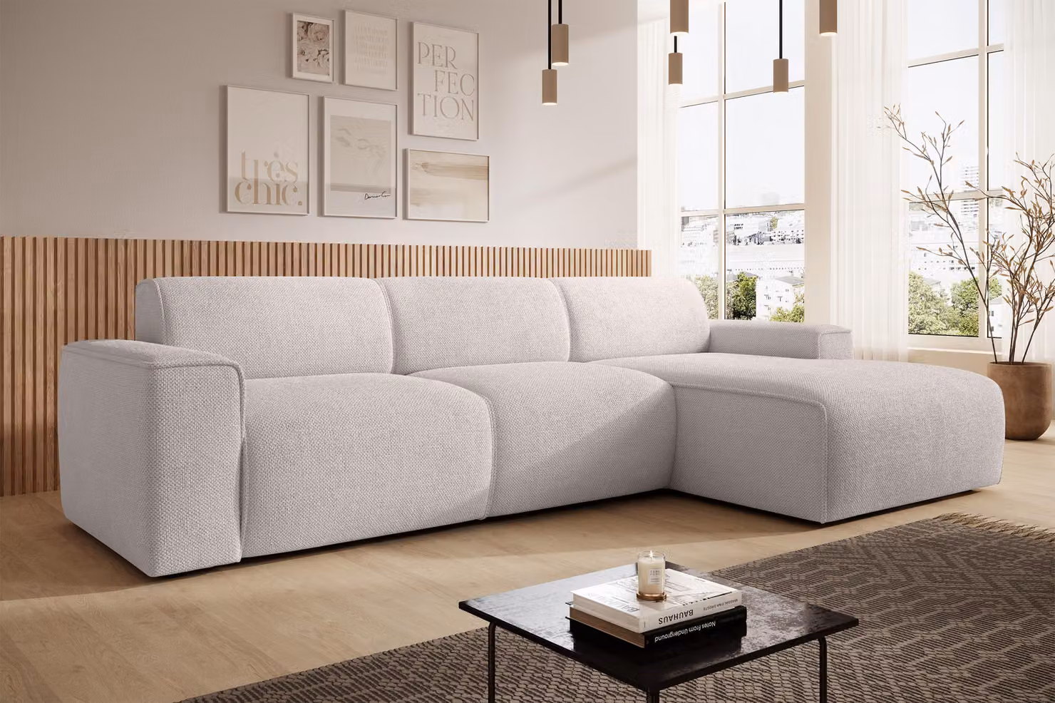 AX LIVING divano a L Didim mini crema 310 cm di larghezza, elegante R