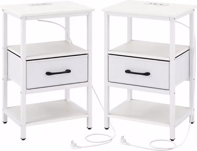 Set di 2 comodini moderni con stazione di ricarica in metallo e tessuto, Bianco e Oro