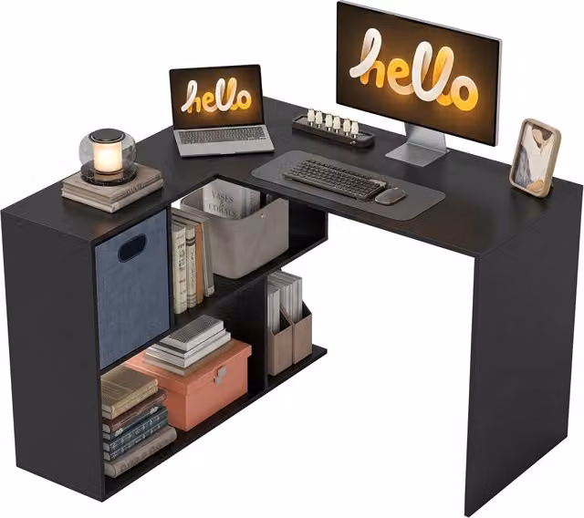 Bureau d'angle, bureau d'ordinateur avec tiroir en tissu et compartiments ouverts, 110 x 100 x 75 cm, noir
