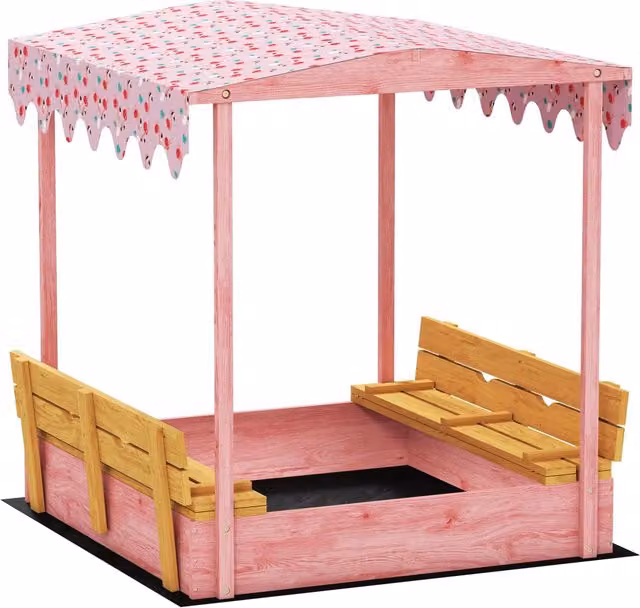 Sabbiera per bambini Giordanoshop in legno con tettuccio, sedute pieghevoli e fodera, decorazione fenicotteri, rosa e giallo, L: 134,5 cm, P: 127,5 cm, H: 130 cm