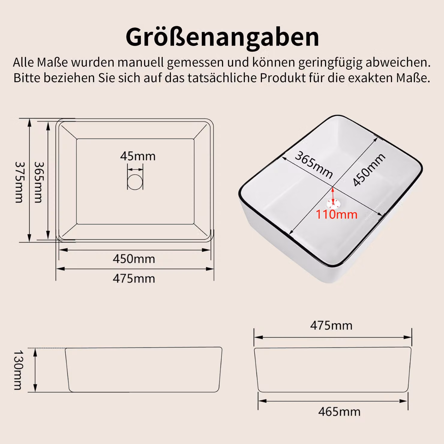 Lavabo rettangolare, in porcellana, dimensioni 48 x 38 cm, per il bagno