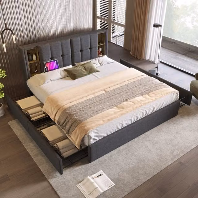 Letto matrimoniale Mivray in lino grigio con 4 cassetti e testiera con ricarica USB e USB-C, L/P/H: 160 x 200 x 103 cm – 1