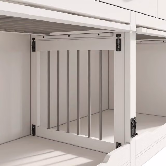 Scaffale OKWISH moderno in legno e metallo con porta ribaltabile, divisorio removibile e 3 cassetti, bianco e nero L: 164 cm, P: 60 cm, H: 81 cm
