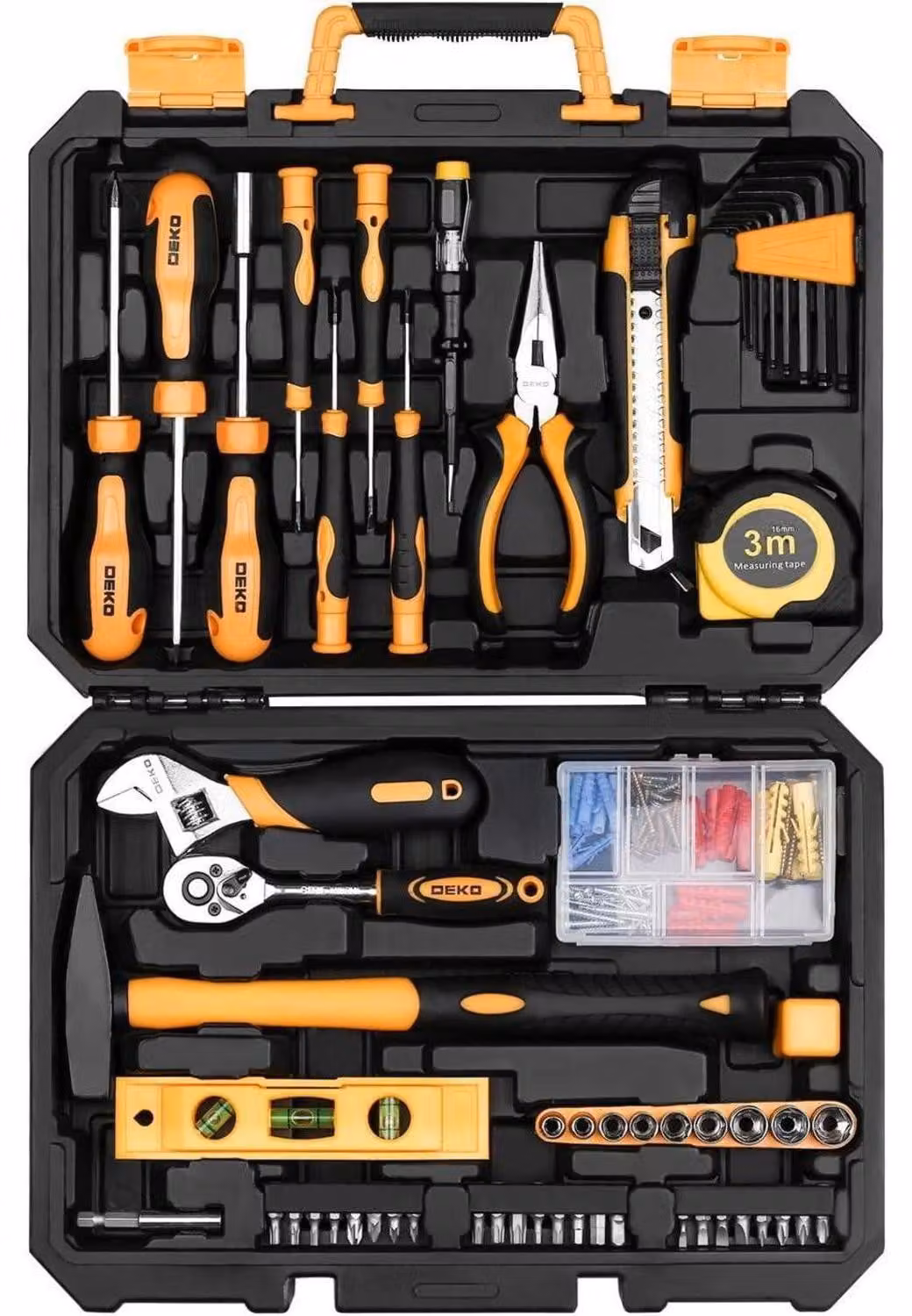 Kit di attrezzi completo, 138 pezzi, utensili manuali universali, per uso domestico, officina e fai-da-te. Colore: giallo