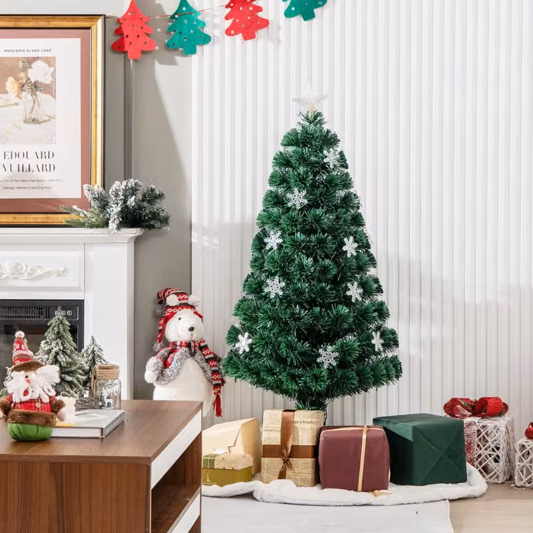 Costway Albero di Natale con fibra ottica da 120cm, Albero di decorazione festiva con rami in pvc luci LED e fiocchi di neve