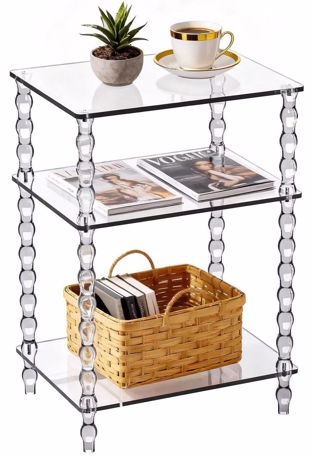 Tavolino trasparente in acrilico, dimensioni 40 x 30 x 58 cm, con gambe dallo stile scultoreo