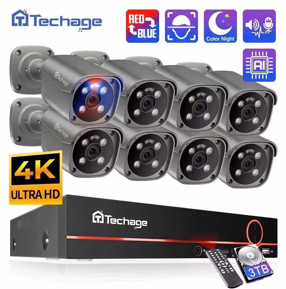 Sistema di telecamere di sicurezza a 8 canali, risoluzione 4K, con visione notturna e rilevamento di persone