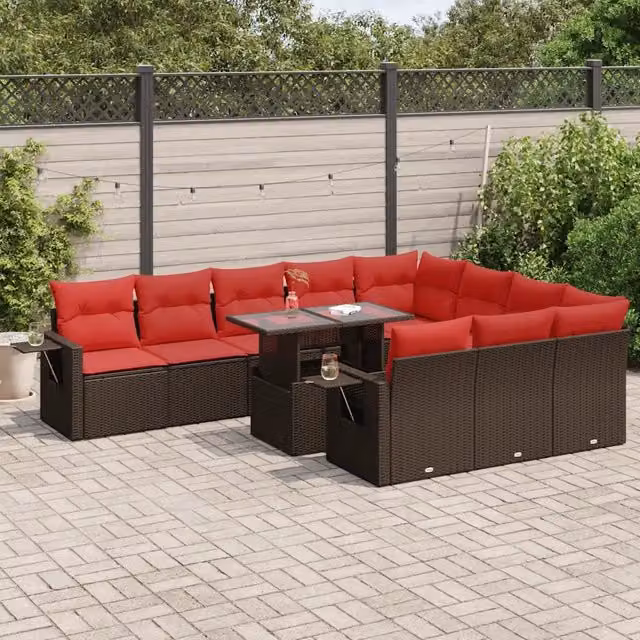 Set di Divani da Giardino vidaXL in Polyrattan Marrone con Cuscini e Tavolino da Esterno 11 Pezzi