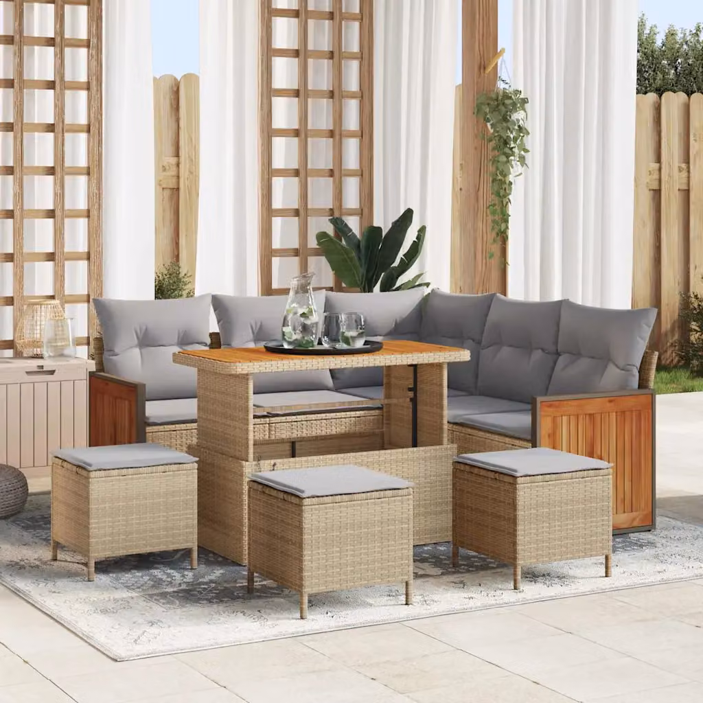 Set Divano da Giardino vidaXL 9 Pezzi a Forma di L con Tavolino e Pouf, Colore Beige e Grigio, Struttura in Metallo e Polyrattan con Cuscini Inclusi – 1