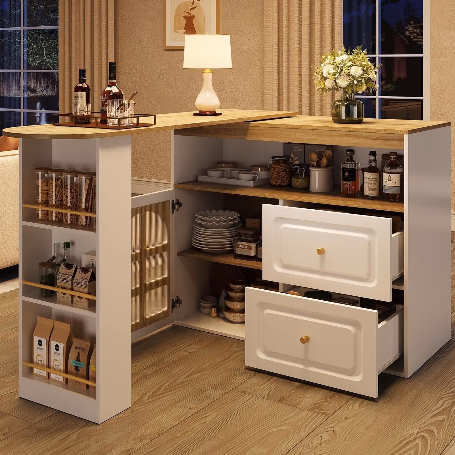 Tavolino da bar estensibile con spazio contenitivo, girevole a 360°, isola da cucina, mobile contenitore con ripiani e porta in vetro, colore bianco