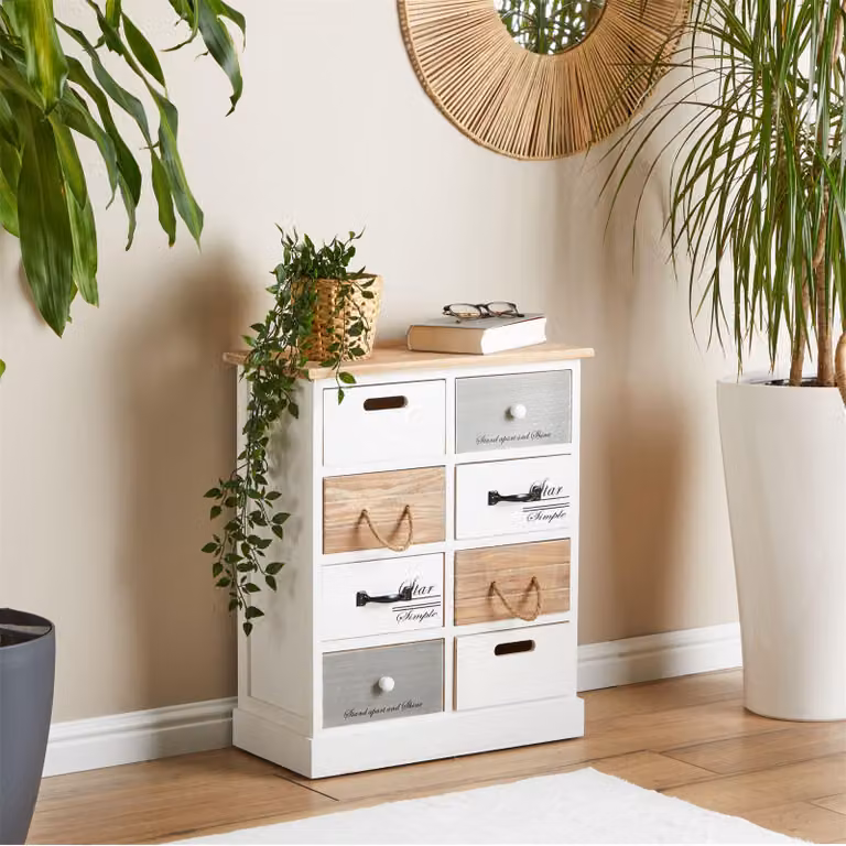 Comodino SALVA in stile vintage con 8 cassetti diversi, mobiletto contenitore shabby chic, scaffale a pavimento verniciato bianco