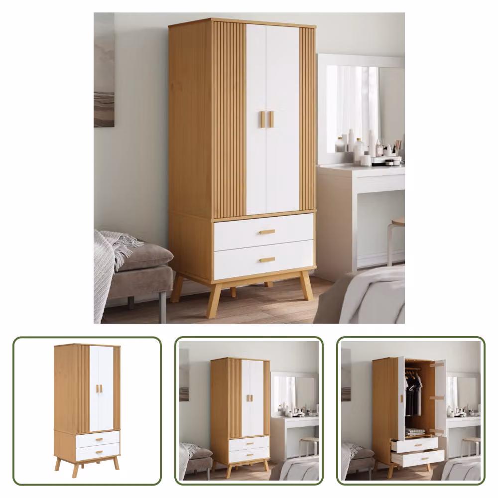 The Living Store Armadio OLDEN Bianco Marrone 76,5x53x172cm in legno di pino massiccio