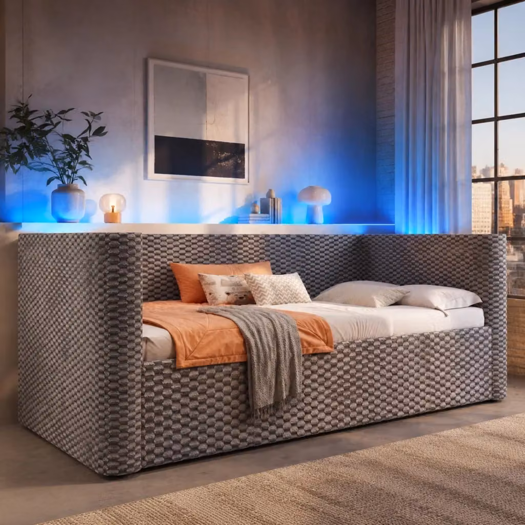 Letto Daybed REDOM in Velluto Grigio con Contenitore Idraulico e Illuminazione LED L/P: 90 x 200 cm – 2