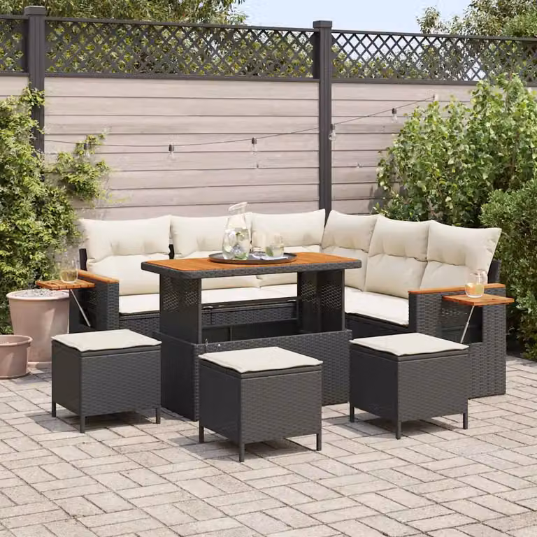 Set Divano da Giardino vidaXL 10 Pezzi a Forma di L con Tavolino e Pouf, Colore Nero e Beige