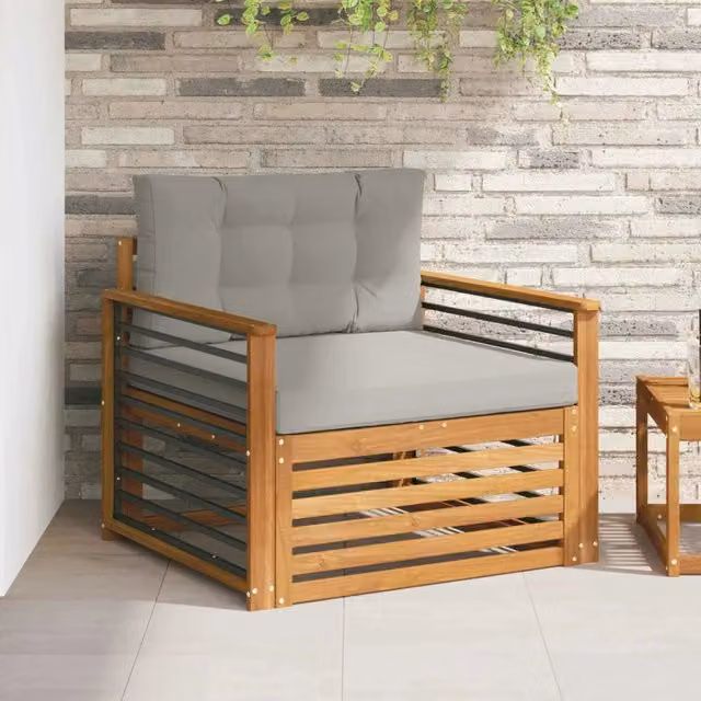 Divano da esterno moderno in legno di acacia massello con cuscini in poliestere grigio per giardino e terrazza