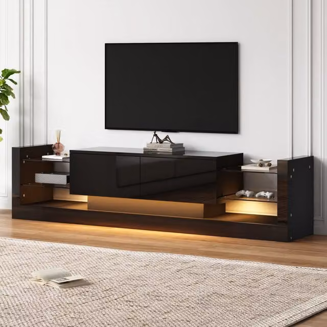 Mobile TV lucido 181 cm con illuminazione LED, ante in vetro e 2 cassetti ribaltabili, per TV fino a 80 pollici