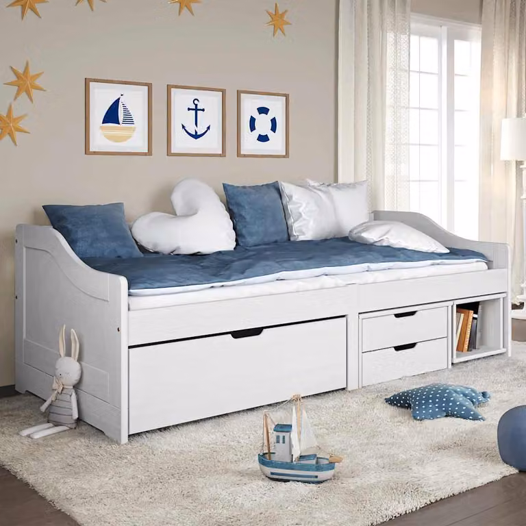 vidaXL Letto IRUN in legno massello di pino con 3 cassetti, Bianco, L/P/H: 200 x 90 x 69 cm