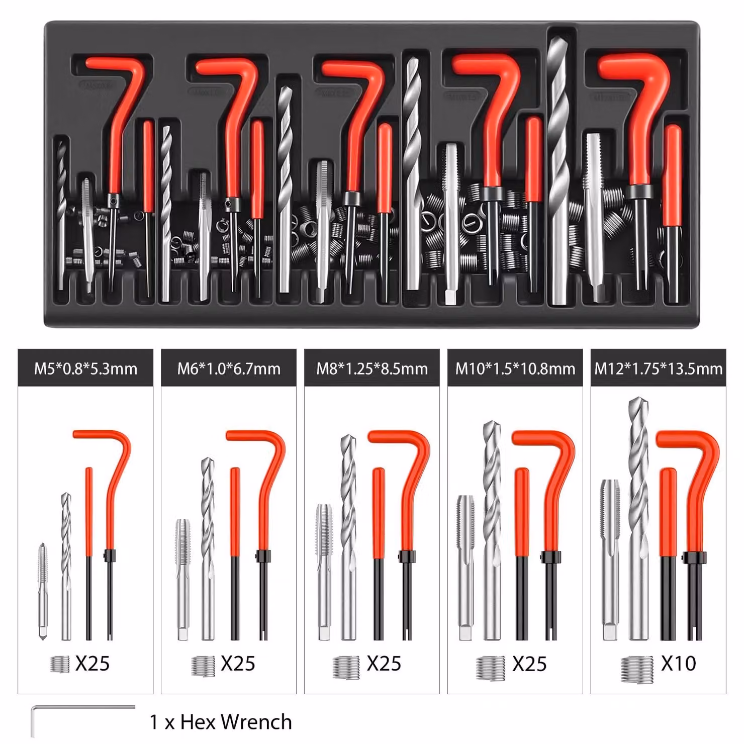 Kit di riparazione filettature - Utensile per filettature - 131 pezzi - M5, M6, M8, M10, M12 - Acciaio al carbonio ad alta resistenza - Per la riparazione di filettature danneggiate