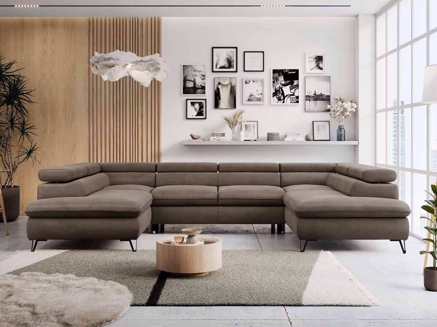Divano da salotto a U, divano angolare, con funzione letto e contenitore - PETER U - Velvet - Marrone