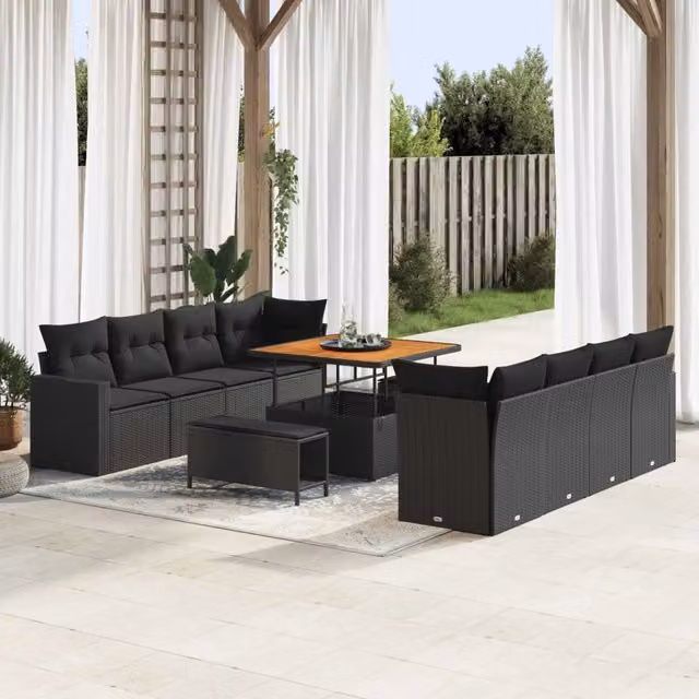 Set Divano da Giardino 11 Pezzi vidaXL Nero con Cuscini e Tavolino in Polyrattan e Acciaio