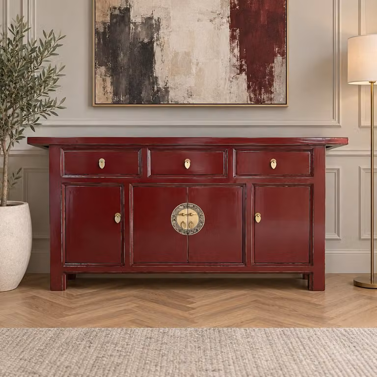 Mobiletto contenitore, credenza, basso mobile, stile asiatico, completo di montaggio, di ispirazione cinese, asiatica, orientale, color rosso scarlatto, buffet, mobiletto da portata, stile vintage