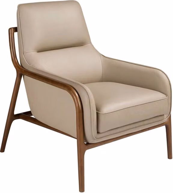 Poltrona moderna Angel Cerdá in pelle beige e marrone con struttura in legno e braccioli