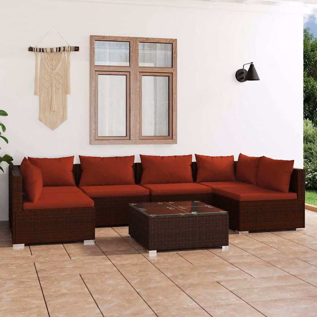 Set da giardino moderno vidaXL in rattan marrone e rosso con 7 pezzi, divano angolare a L, tavolo da caffè e cuscini imbottiti con coperture rimovibili
