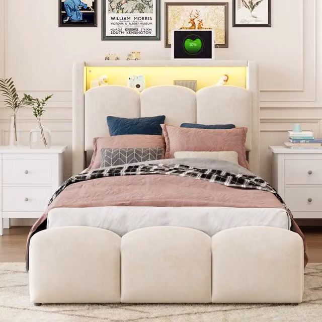 Letto singolo con contenitore Mivray in velluto beige con testiera a petalo, illuminazione LED e porte USB e Type-C, L/P: 90 x 200 cm