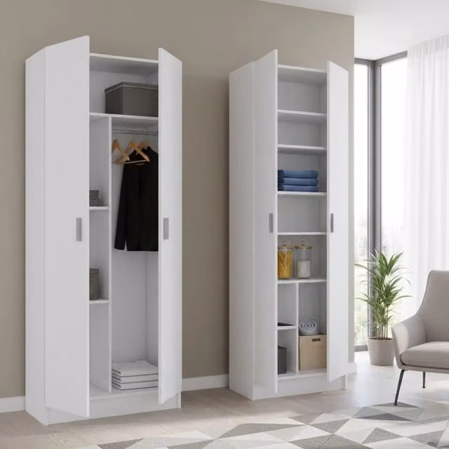 Armadio Multiuso Modulabile DMORA Bianco con Ante a Battente e Ripiani Interni L: 132 cm, H: 180 cm – 1