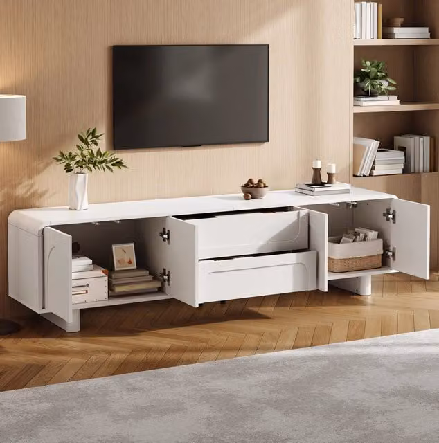 Mobile TV moderno in MDF e PB con ante curve bianche, 180x40x46 cm, design minimalista con cassetti e gestione cavi