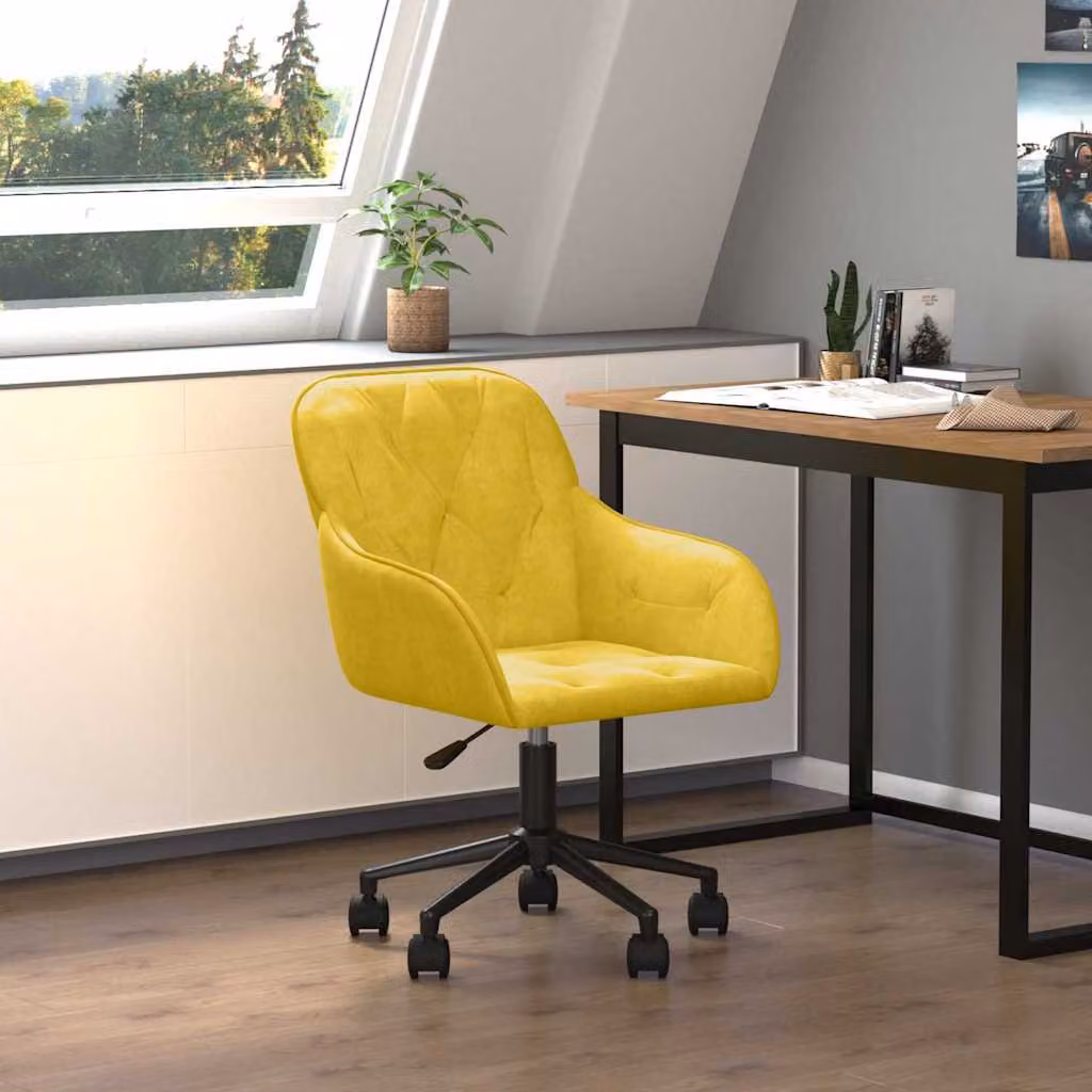 Sedia da ufficio girevole vidaXL in velluto giallo con ruote e struttura in metallo e legno